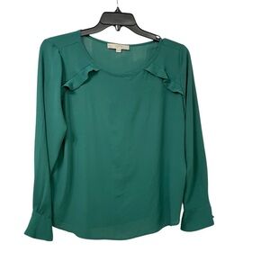 Loft Small Career Blouse Green Feminine Detail Ruffle Long Sleeve Pullover LP